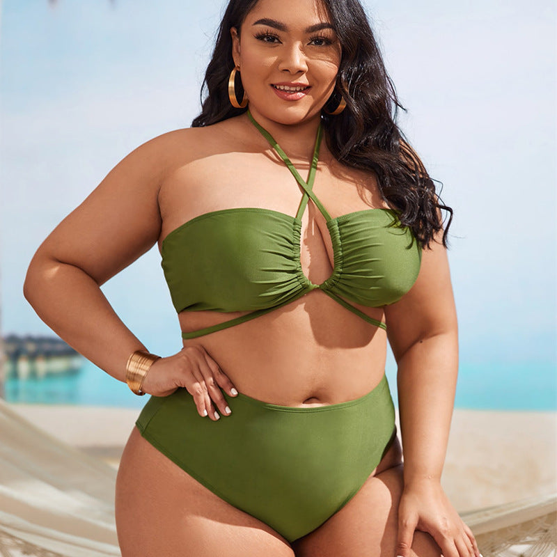 Plus Size Swimwear Army Olive Green Bikini Curvy Two Piece with Skirt Cover Up