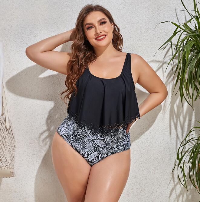 plus size two piece swimsuit ruffle top  high waist bottoms flattering curvy woman black white snakeskin