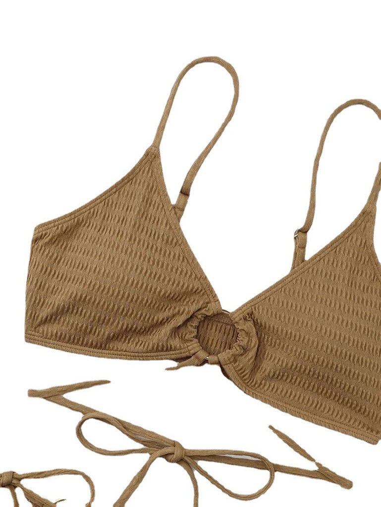 Bikini Set Coffee Caramel Brown Textured Thong Bikini with Ring Detail