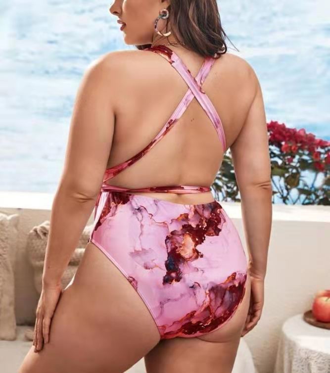 Plus Size Swimwear One Piece Tie Dye Marble Print Women