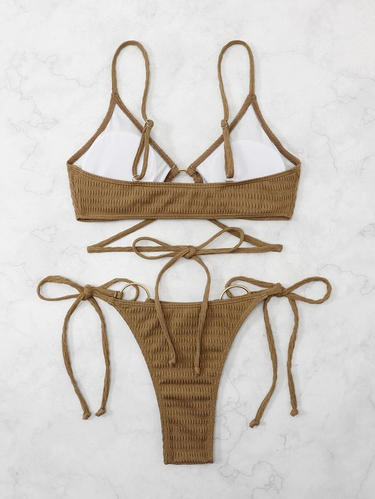 Bikini Set Coffee Caramel Brown Textured Thong Bikini with Ring Detail