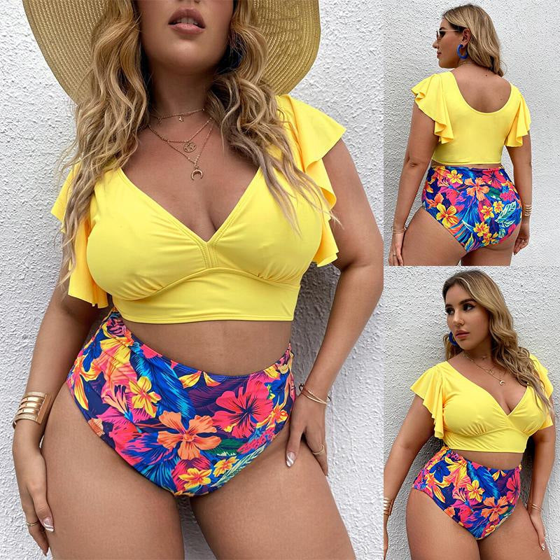 plus size swimsuit yellow floral two piece with sleeves flattering curves
