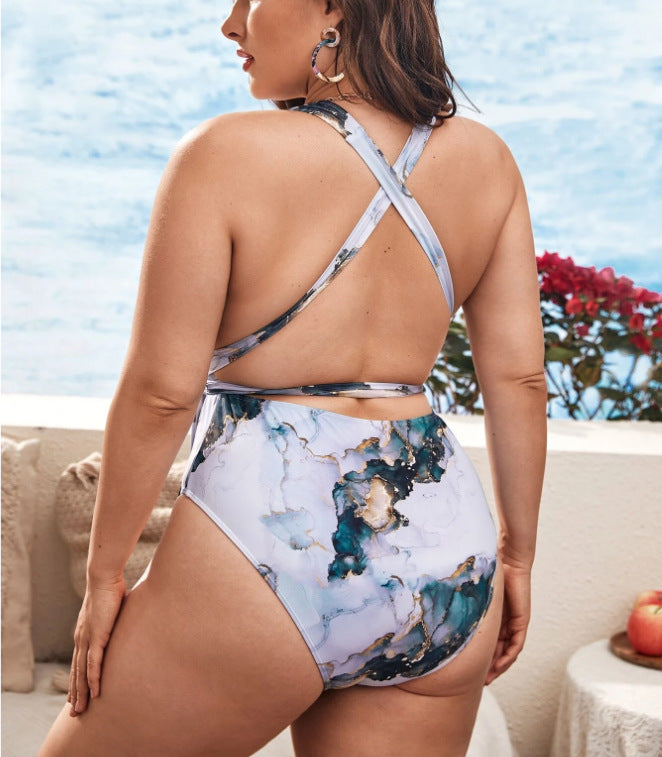 Plus Size Swimwear One Piece Tie Dye Marble Print Women