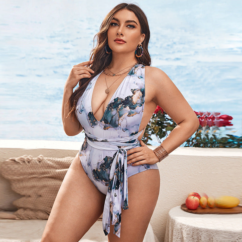 Plus size one piece swimsuit tie dye marble print halter flattering curvy swimwear  gray blue  and white
