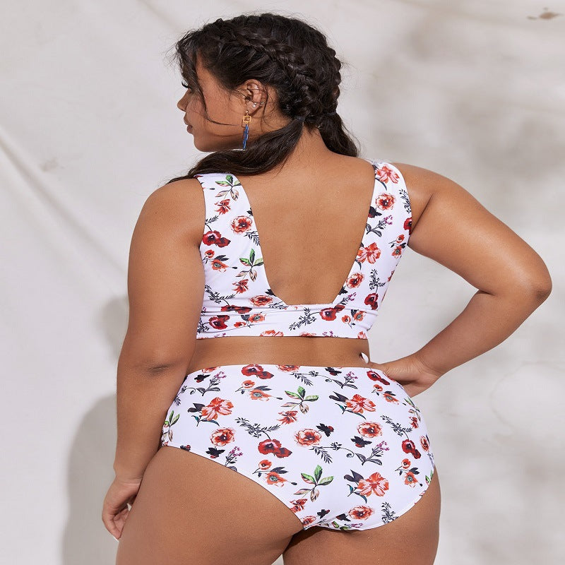 Plus Size Women Swimwear White Floral Curvy Flattering Bow Tie Front Two Piece Bikini Swimsuit