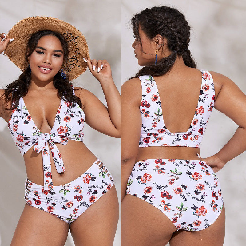 Plus Size Women Swimwear White Floral Curvy Flattering Bow Tie Front Two Piece Bikini Swimsuit