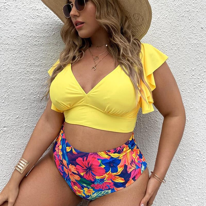 Plus Size Women Swimsuit Two Piece Yellow Ruffle Top with Sleeves Floral High Waist Swimsuit