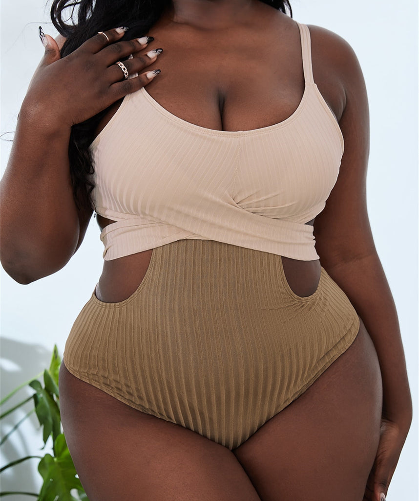 Plus size monochromatic two tone tan beige earth tone  cutout swimwear cuteest sexy flattering swimsuit curvy women one piece