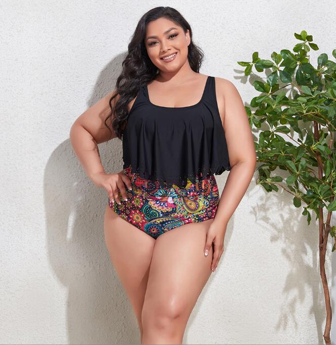 plus size two piece swimsuit ruffle top high waist bottoms flattering curvy woman black floral print