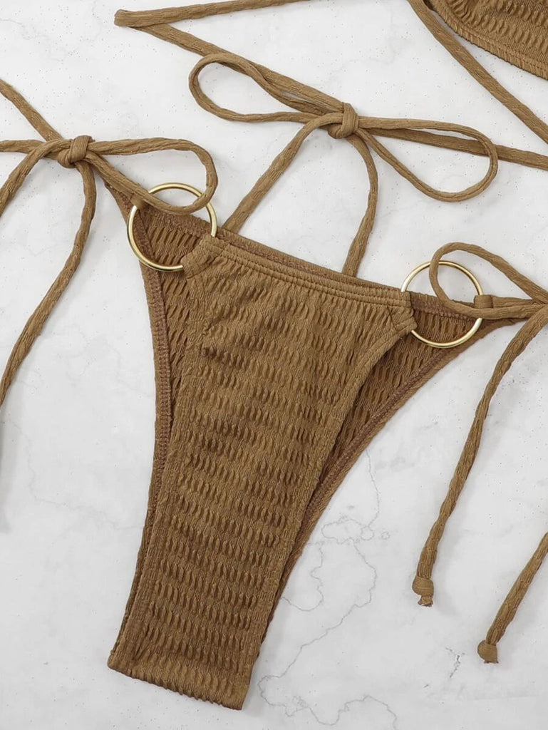 Bikini Set Coffee Caramel Brown Textured Thong Bikini with Ring Detail