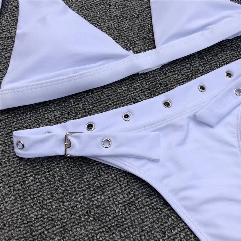 Bikini Set White Strap Buckle High Waist HIgh Leg Thong Bikini Swimsuit Women Padded Swimwear