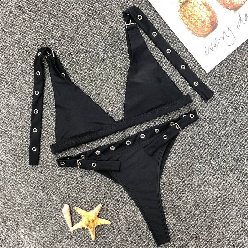 Bikini Set White Strap Buckle High Waist HIgh Leg Thong Bikini Swimsuit Women Padded Swimwear