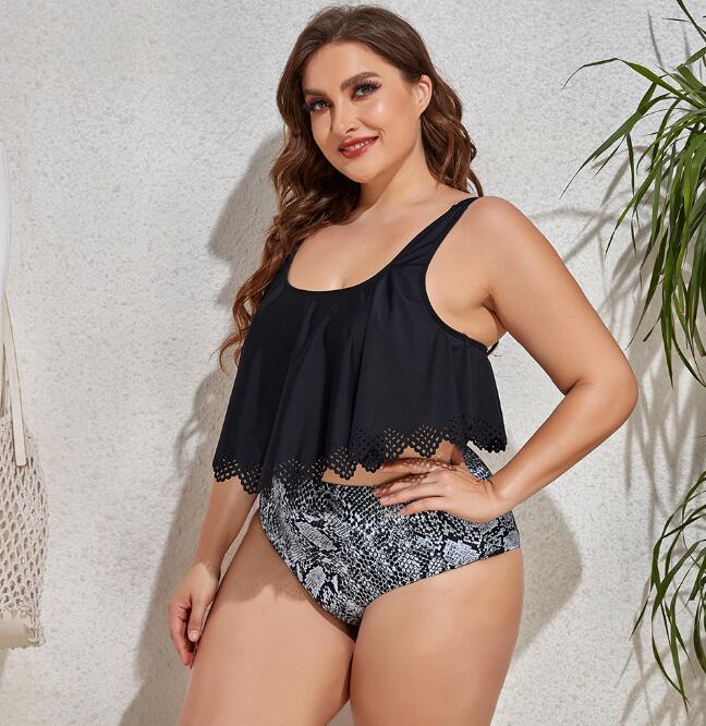 Plus Size Swimsuit Women Bikini Two Piece Ruffled Top High Waist
