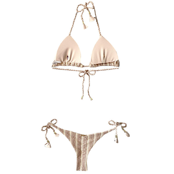 Garota De Luxo Beige And Tan Stripes Crochet String Bikini