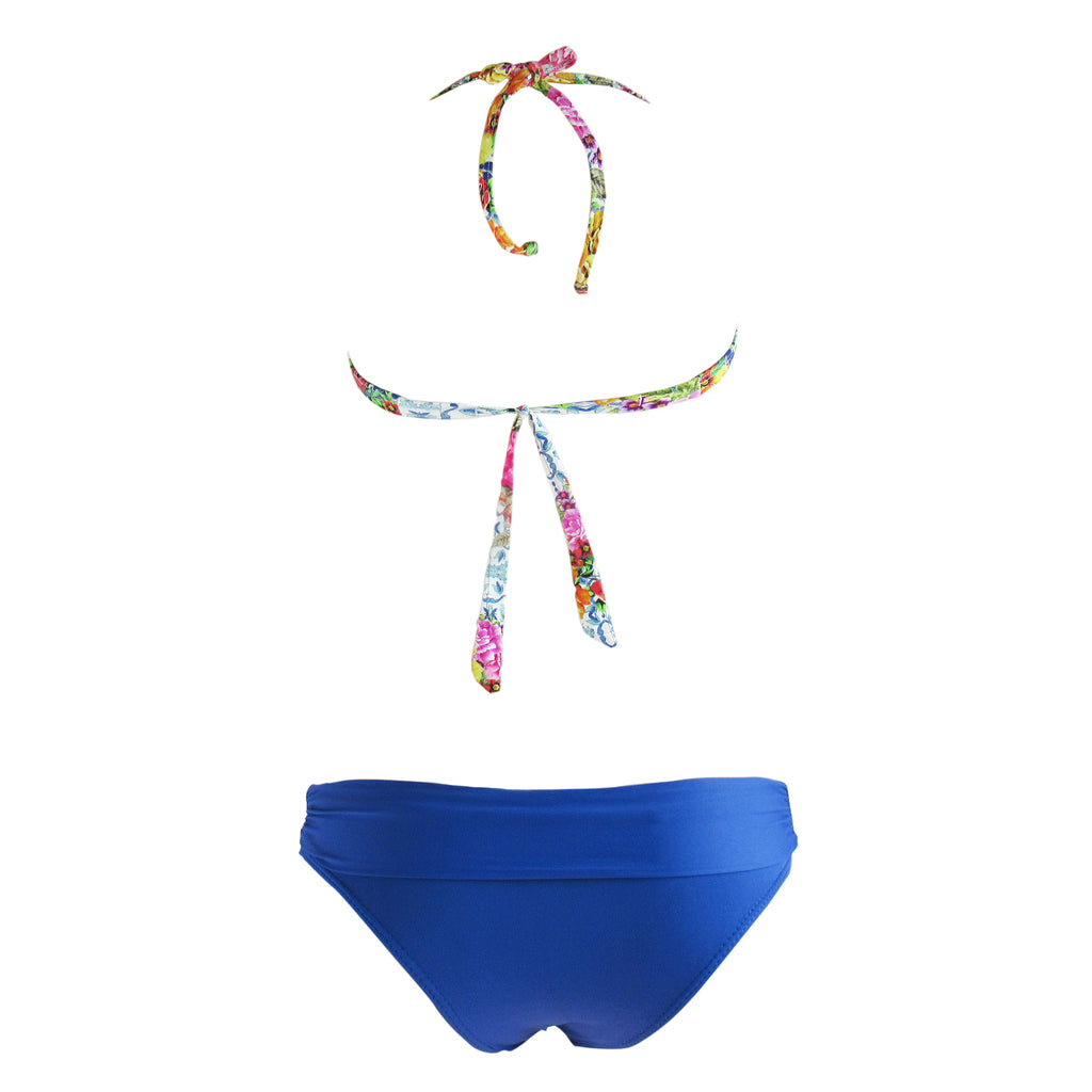 back view floral blue halter top bikini padded bra