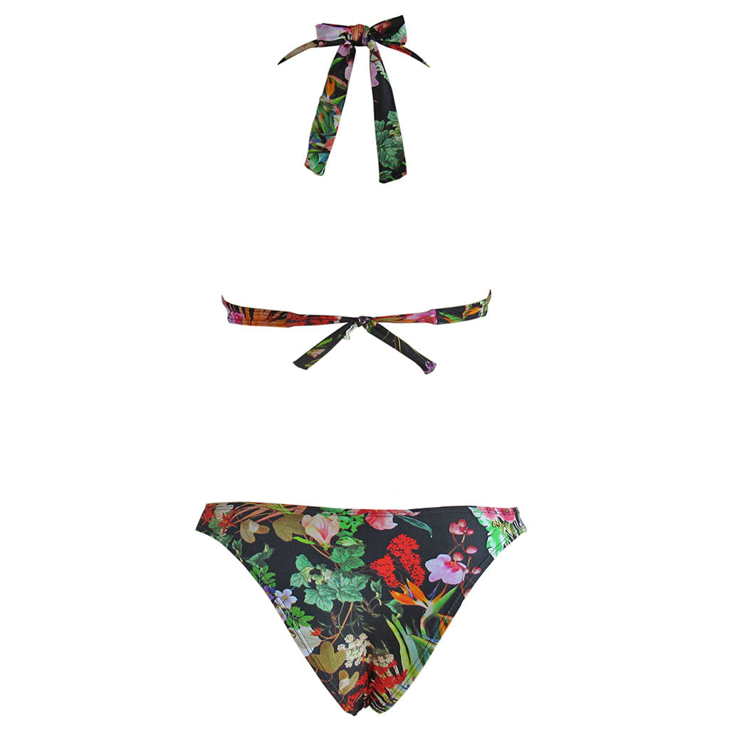 back view black floral bikini padded cups cheeky bottom brazilian cute