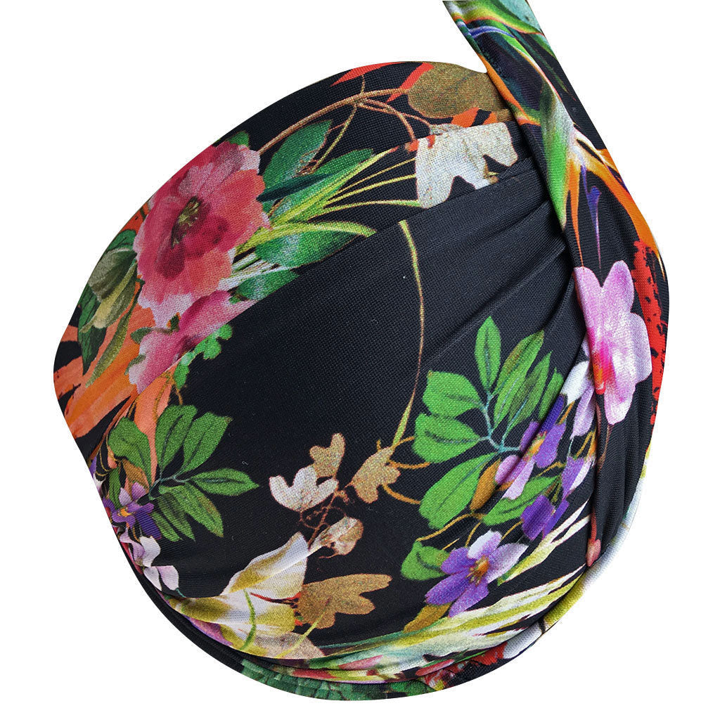 close up black floral padded bikini top