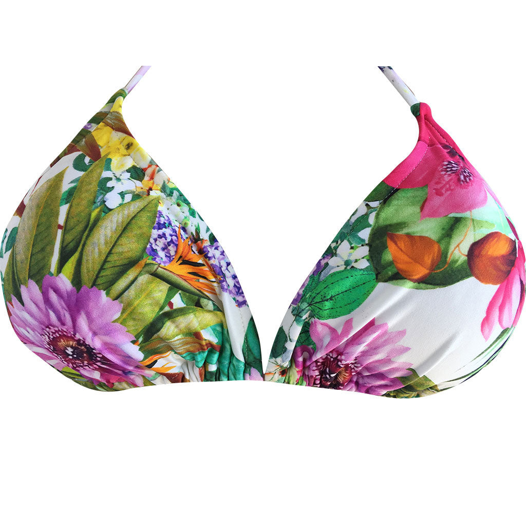 front close up pretty floral bikini top white removable pads triangle string swimming suit