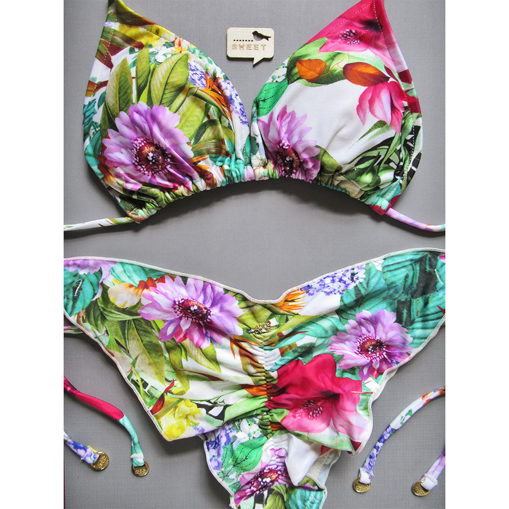 flat view White Floral Triangle Bikini Scrunch Bum Brazilian Bottom Bathing Suit