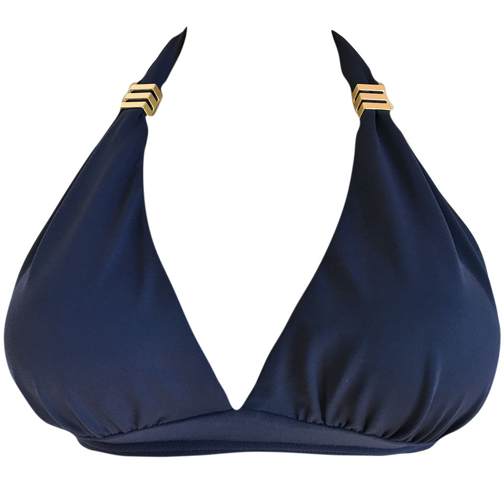 navy blue full coverage ladies swimming suit navy blue gold hardware
