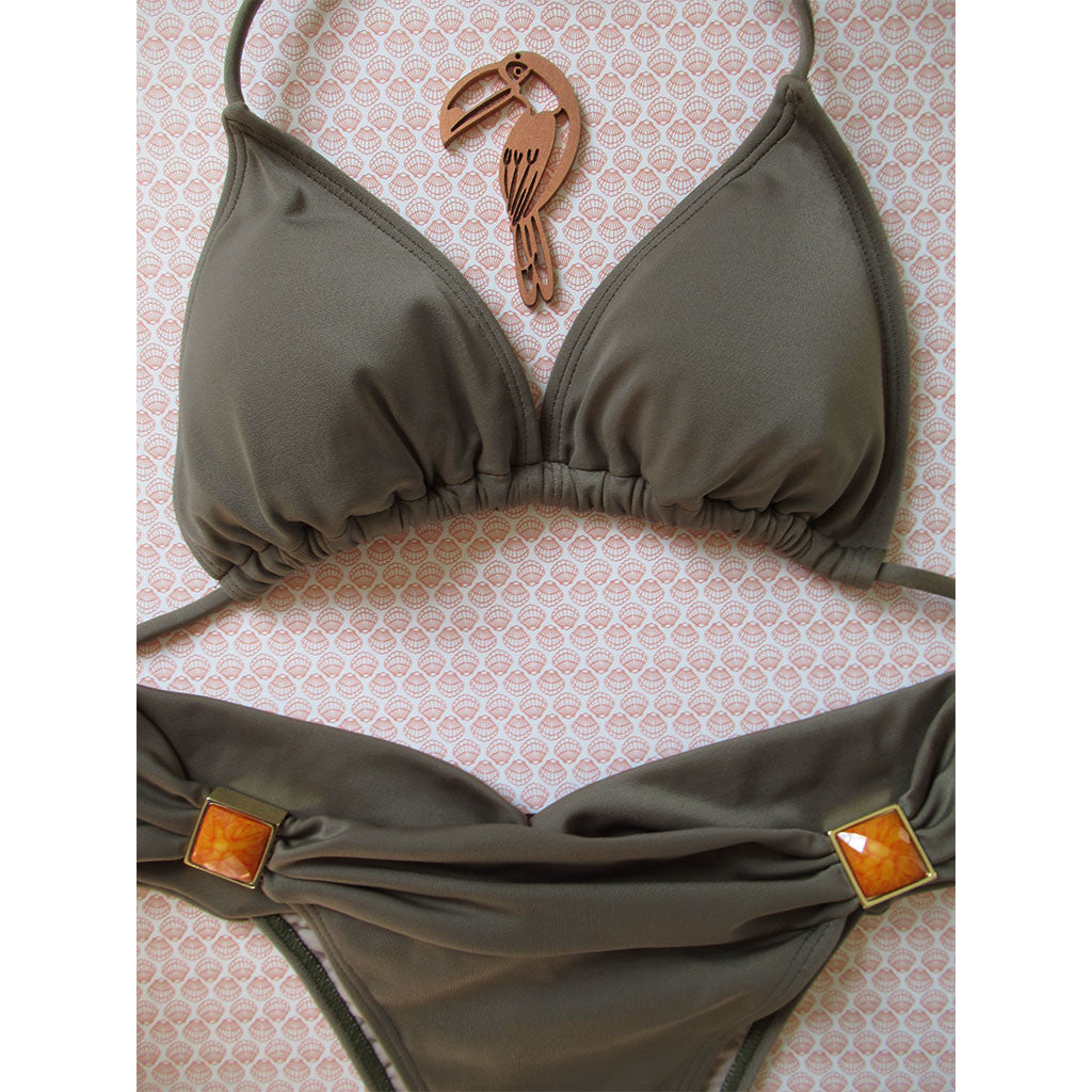 Brigitte Tati Triangle Bikini with Gemstone Accent Army Green
