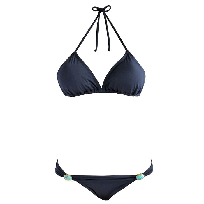 Brigitte Tati Triangle Bikini with Turquoise Gemstones Navy