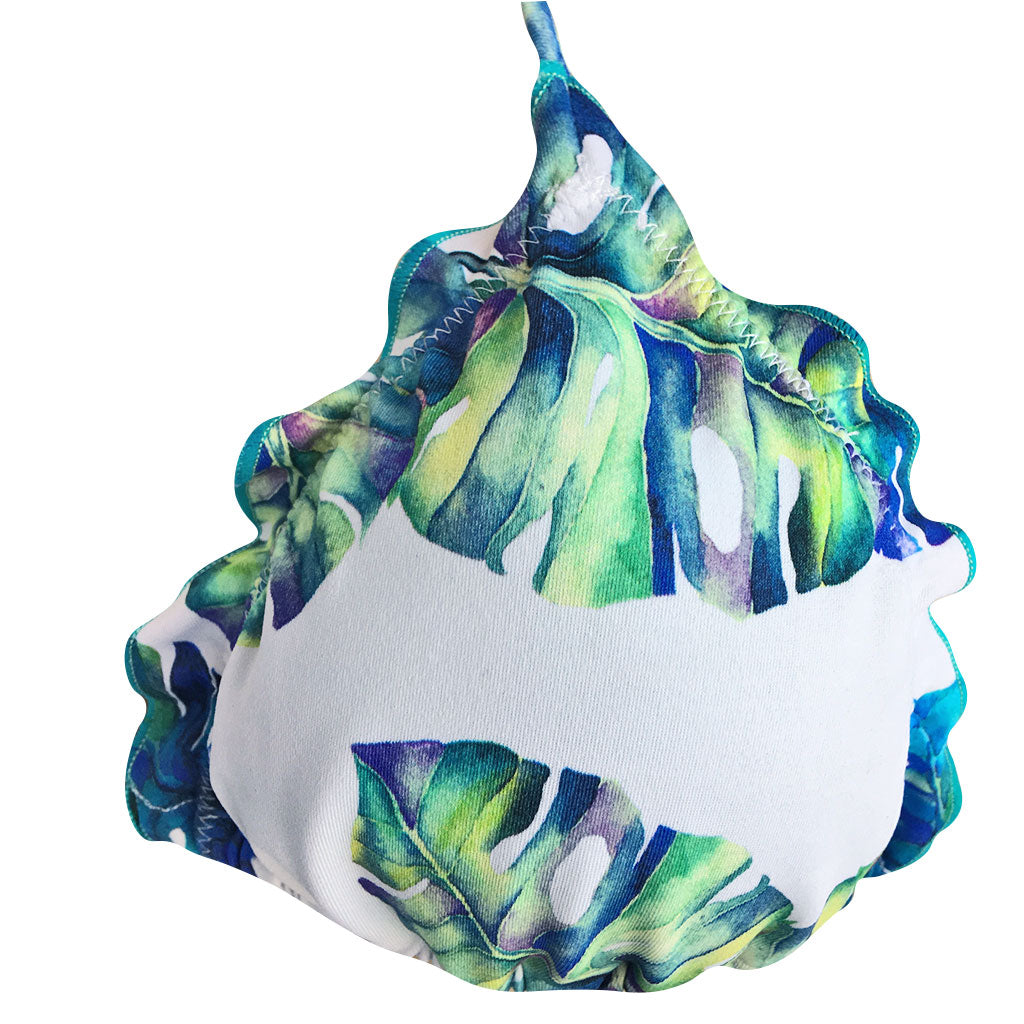 Brigitte Costela Ripple White and Turquoise Tropical Palm Print Triangle String Bikini