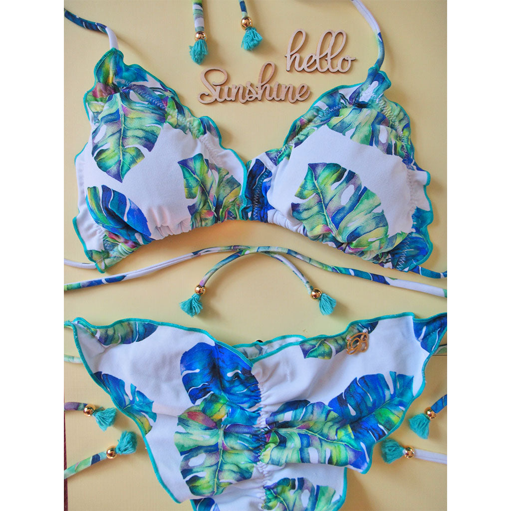 Brigitte Costela Ripple White and Turquoise Tropical Palm Print Triangle String Bikini