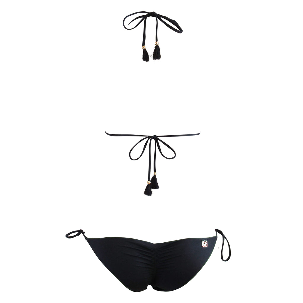 Brigitte Ripple Triangle String Bikini - Black and Army Green