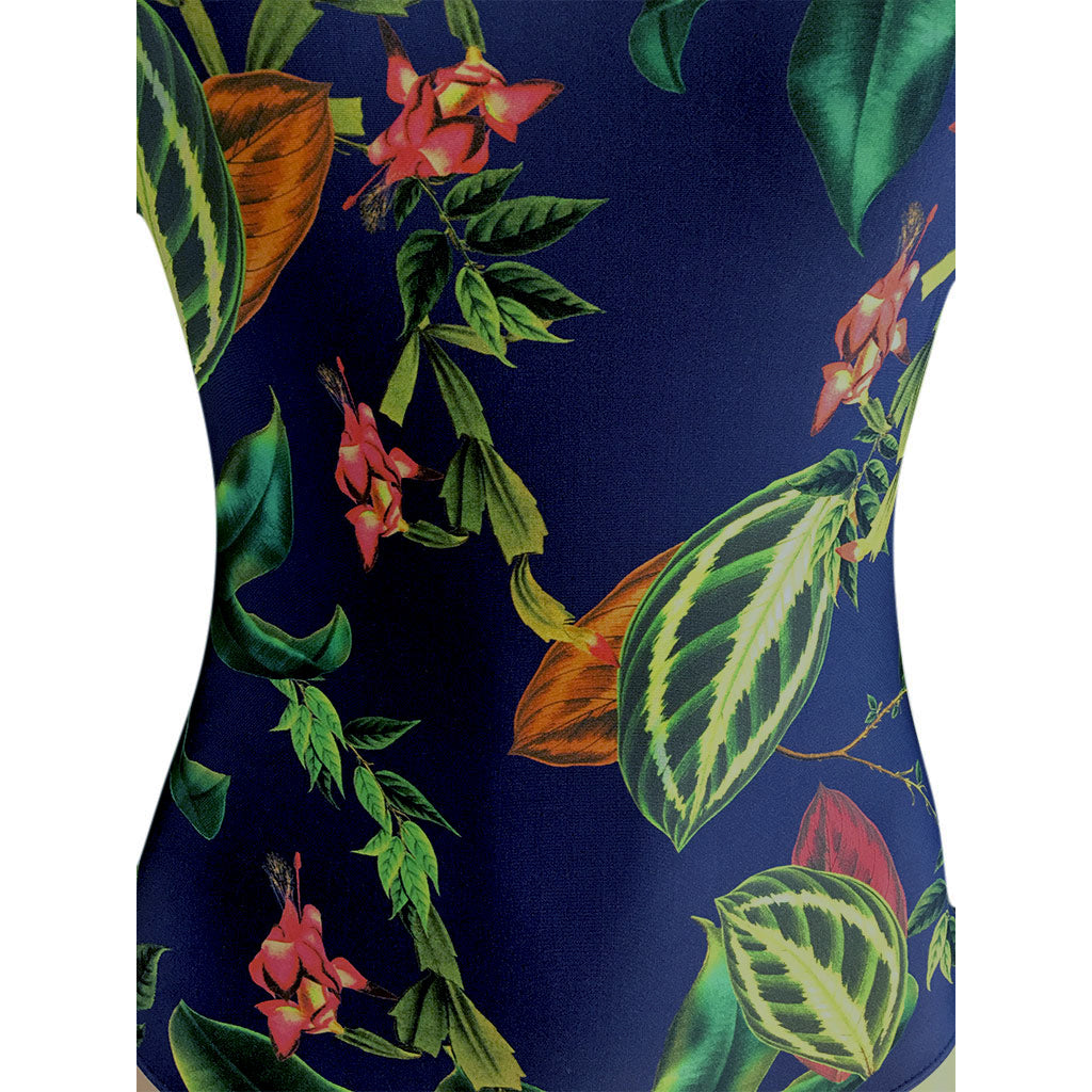 cia. maritima floral flower blue tropical print one piece swimsuit close up