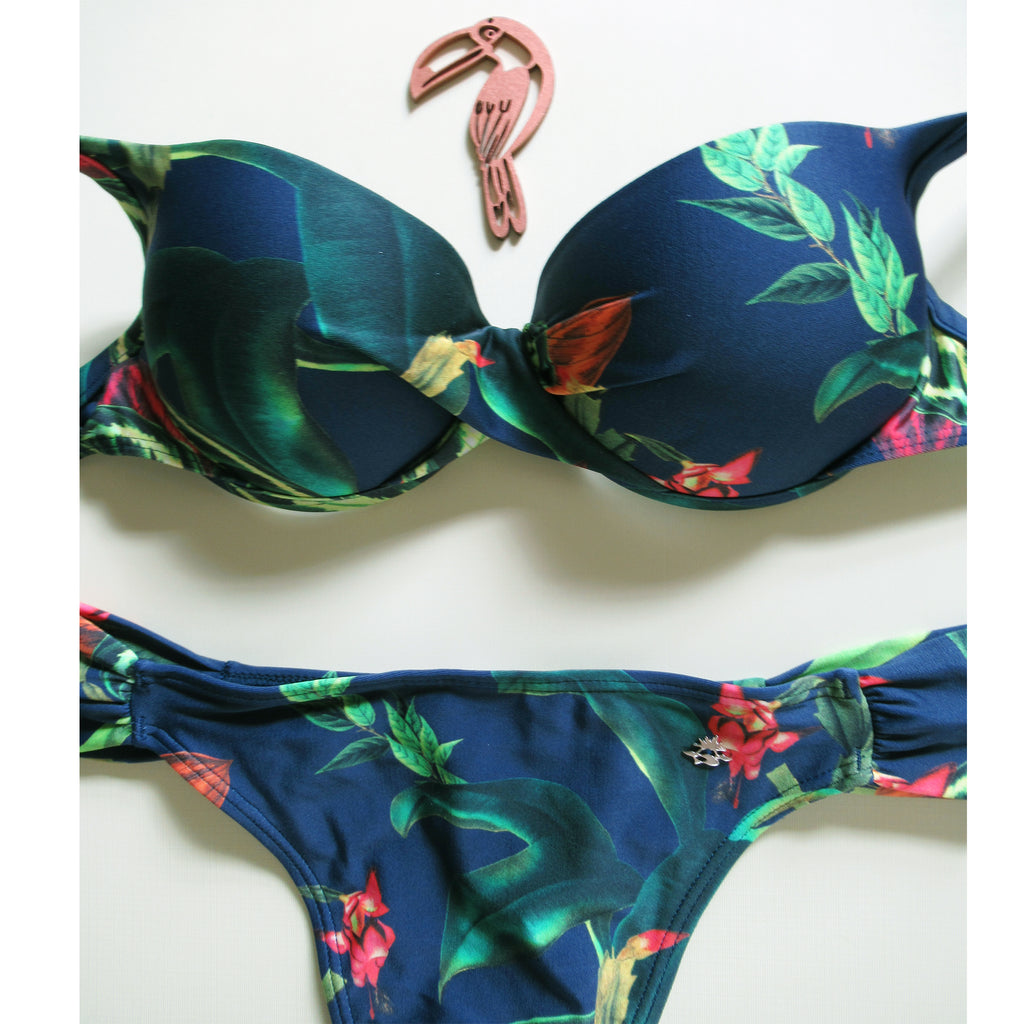 Cia Maritima navy blue tropical floral brazilian padded bikini top cheeky bottom flat image