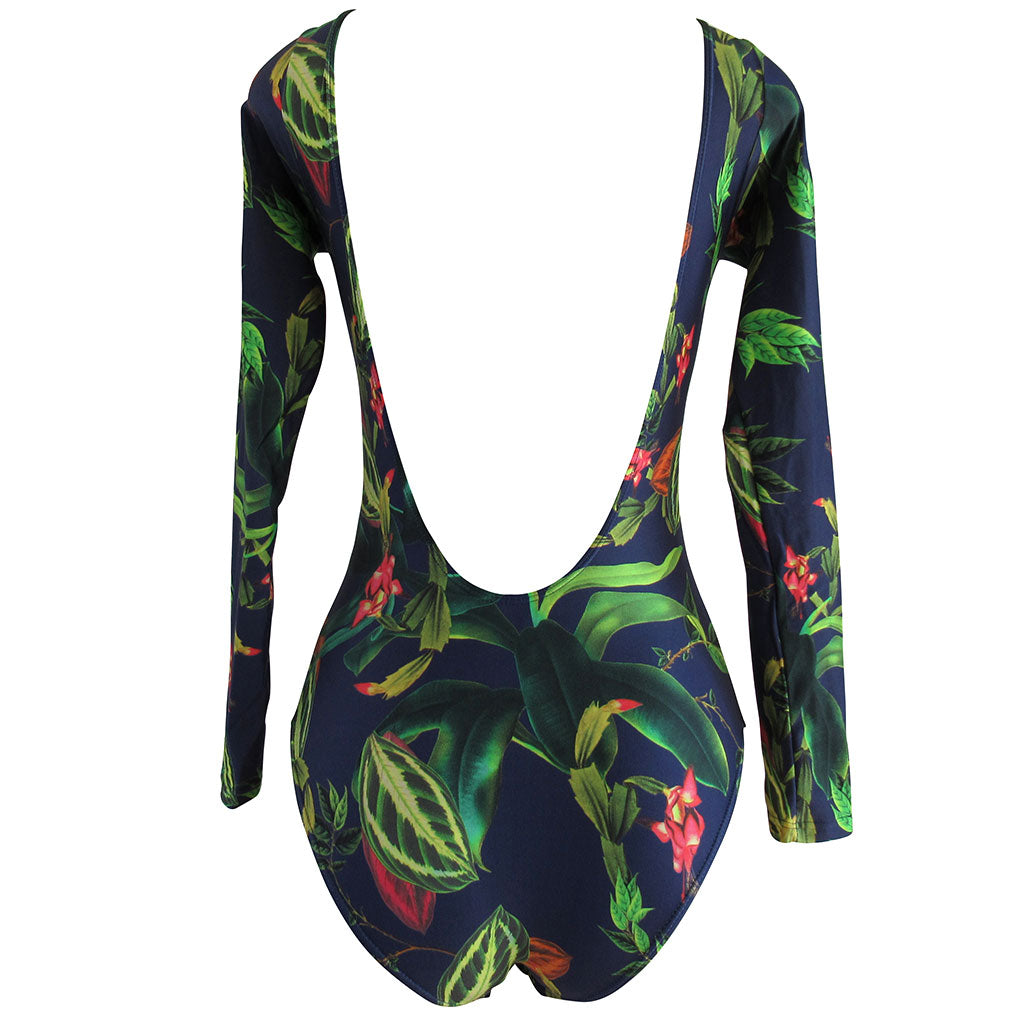 cia maritima navy floral long sleeve swimsuit padded top back view