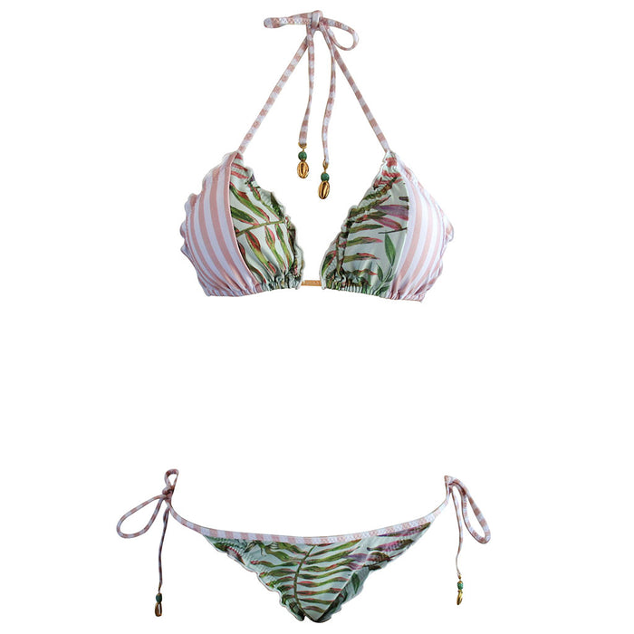 Pink Stripe Green Tropical Leaf Print Brazilian Triangle Ripple Bikini Cheeky Scrunch Ruched String Bottom