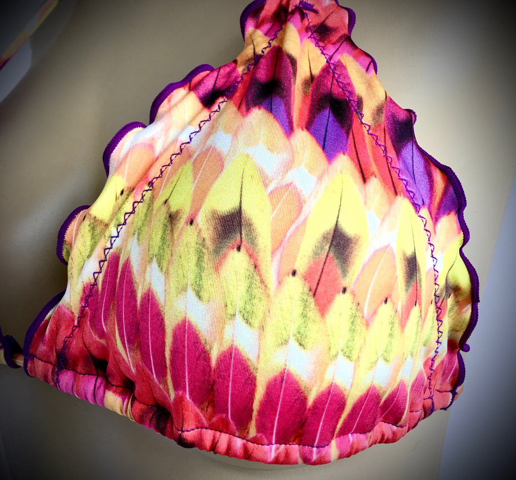 bright pink yellow purple feather print women's cute brazilian string bikini