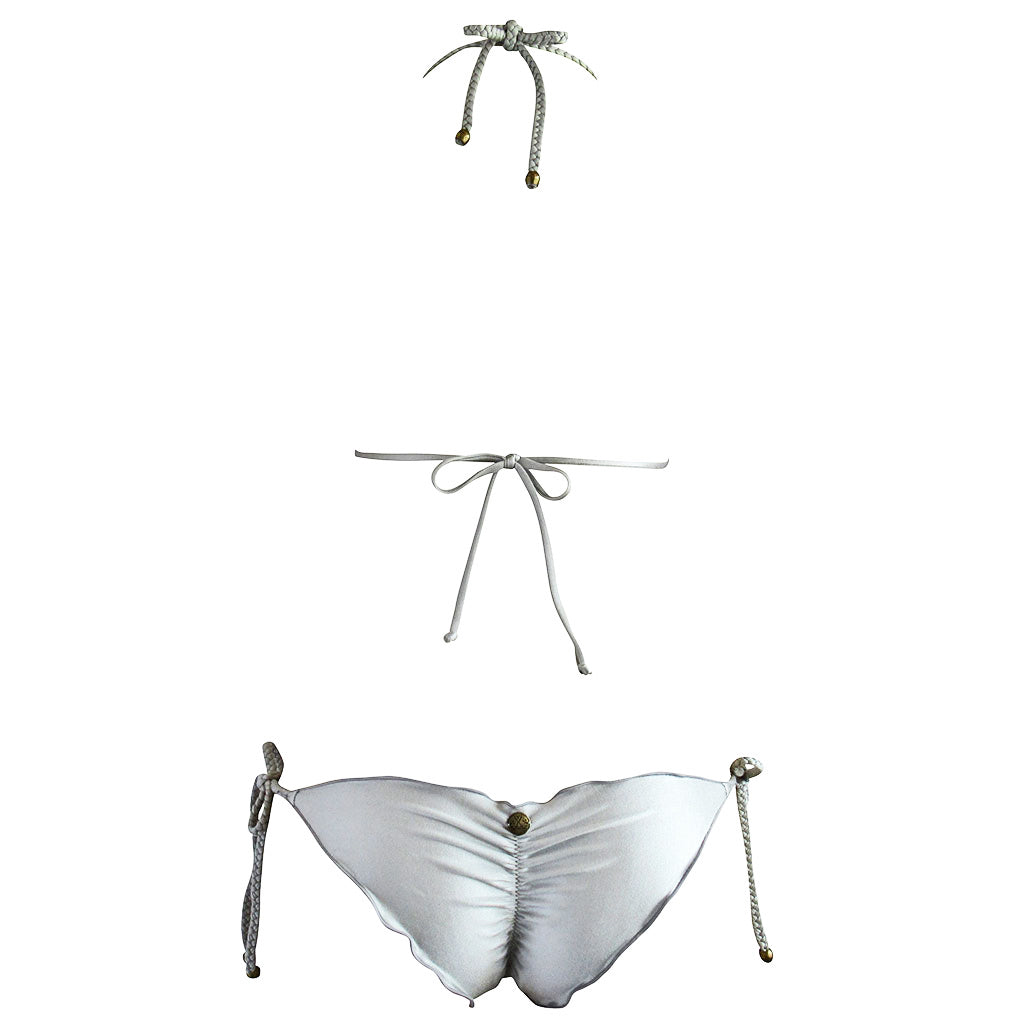 Luxury Silver Braided Strap Triangle Bathing Suit Cheeky Scrunch Bottoms