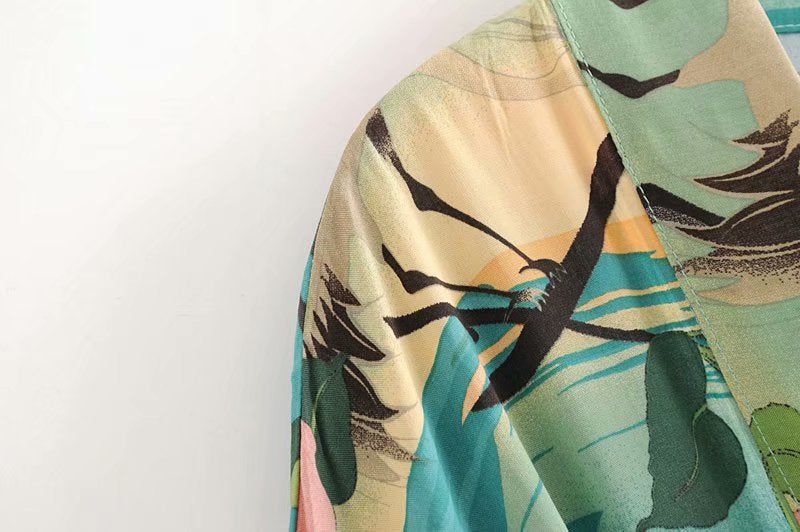 Kimono Green Vintage Retro Floral Print Boho Maxi Long Sleeve Cardigan Beach Cover Up