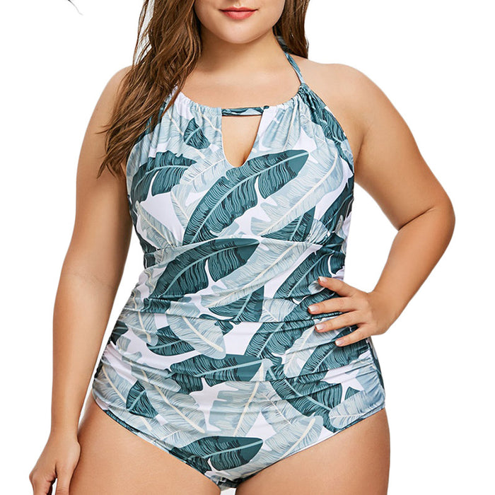 plus size one piece swimwear curvy woman swimsuit tropical leaf print white and green