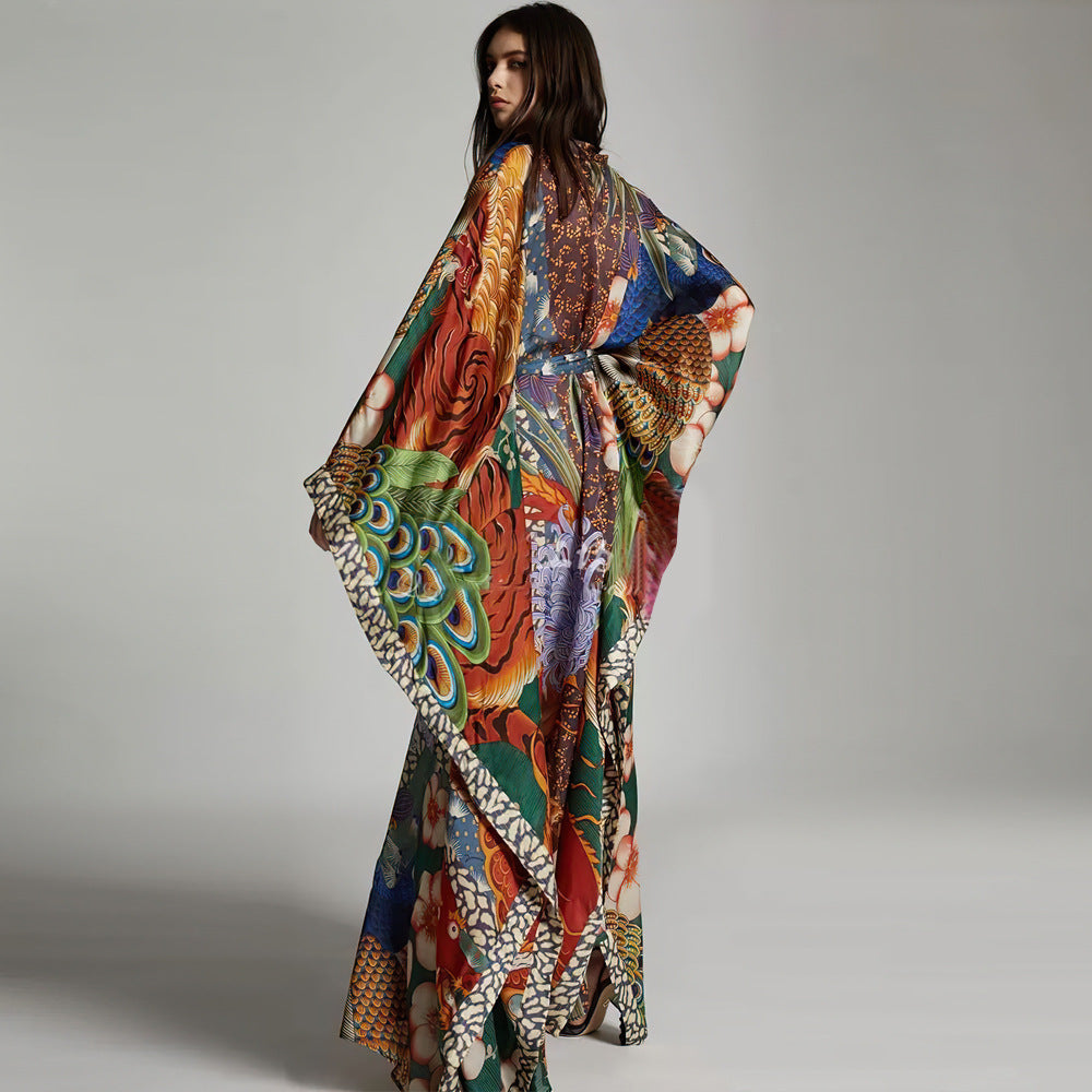 Colorful Dragon and Peacock  Kimono Cardigan Beach Cover Up Resort Wear