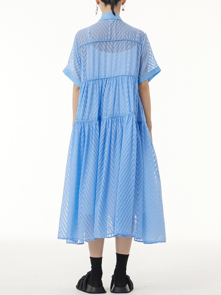 Long Dress Lace Gauze Shirt Dress Casual Women Short Sleeve Dress Summer Over Size Collar Dress