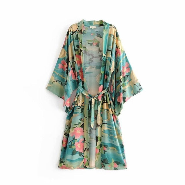【MOODMOON】Vintage Garden Yoru Cotton Long Sleeve One Piece Kimono Green Vintage Retro Floral Print Boho Maxi Long