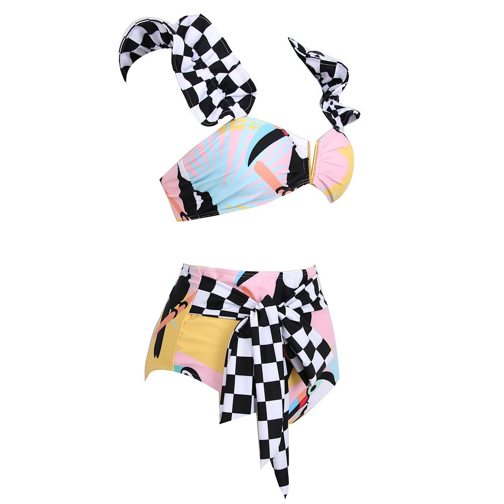 Colorful Flamingo Check Pop Art Ruffle Bikini Set w/ SarongWomen High Waist Swimsuit Beach