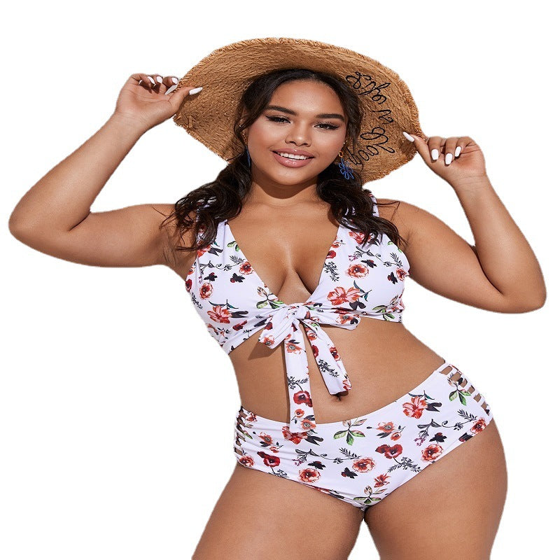 Plus Size Women Swimwear White Floral Curvy Flattering Bow Tie Front Two Piece Bikini Swimsuit