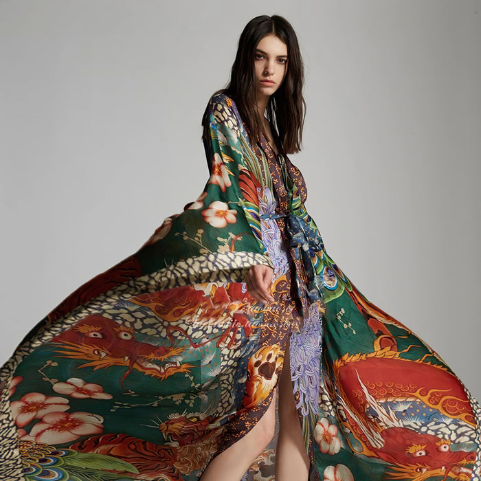 Colorful Dragon and Peacock  Kimono Cardigan Beach Cover Up Resort Wear