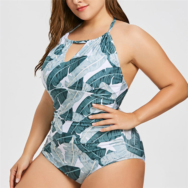 Plus Size Swimsuit Tropical Leaf Print Tankini One Piece White and Green Swimwear