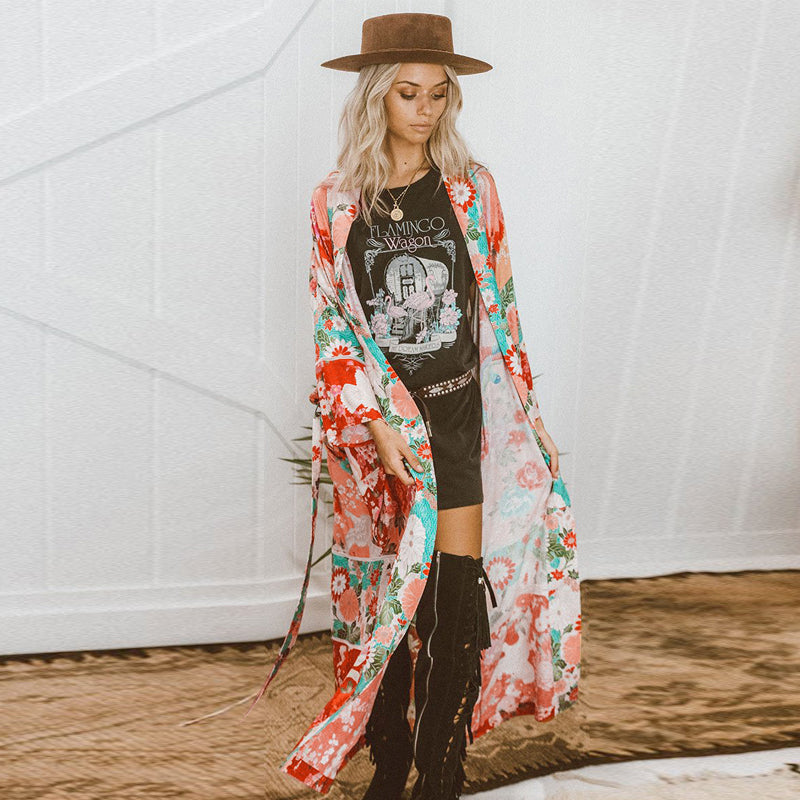 Kimono Chiffon Cardigan Floral Printed Long Sleeve Cover Up