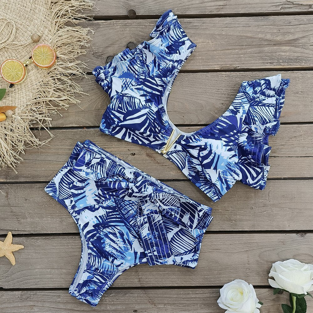 Blue Tropical Palm Print Ruffled Bikinis Set and Sarong