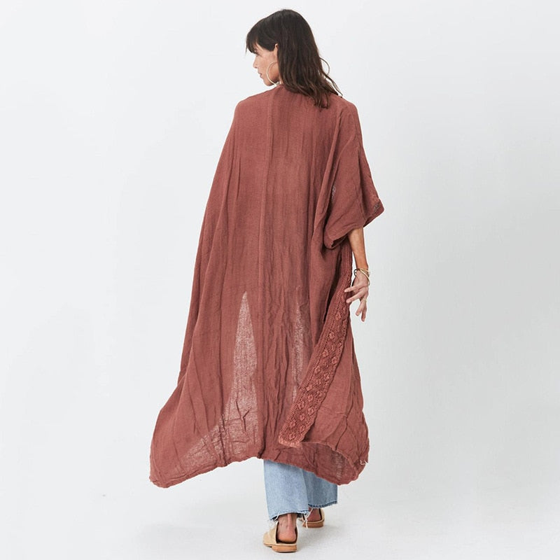 Kimono Rust Red Brown Bamboo Lace Long Beach Cover Up