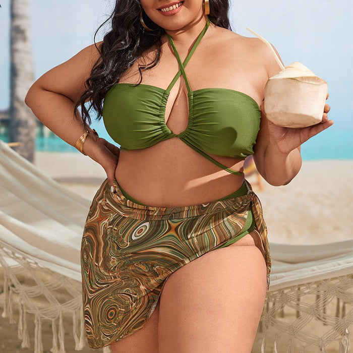 plus size two piece swimsuit with skirt sarong and bottoms cross halter green olive army curvy flattering swimwear