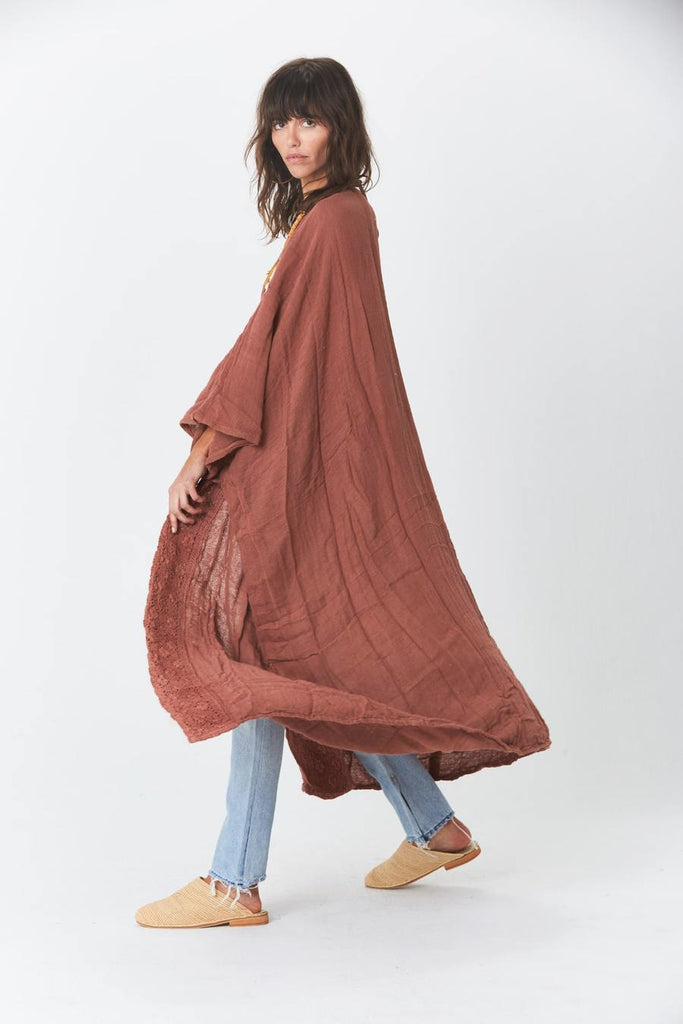 Kimono Rust Red Brown Bamboo Lace Long Beach Cover Up