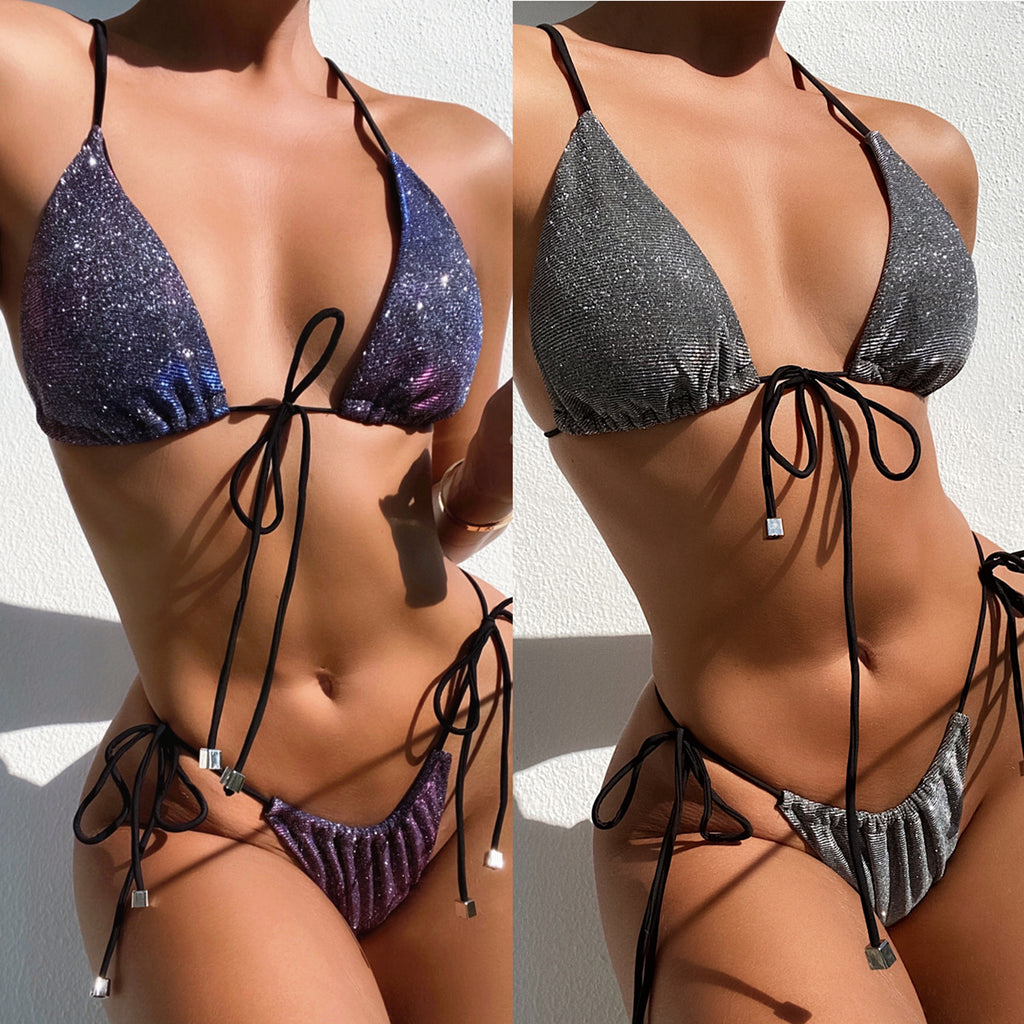 Metallic sparkly purple blue silver string bikini set with triangle top and adjustable thong bottom